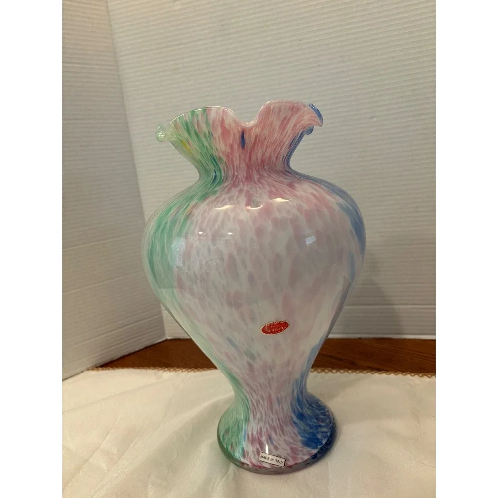 Arte Murano Glass Vase Ruffled Rim Confetti Blue Pink Green  11.75